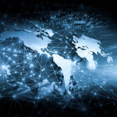 Dünya Haritası üzerinde teknolojik bir arka plan, parlak çizgiler semboller Internet, radyo, televizyon, telefon ve uydu iletişim.