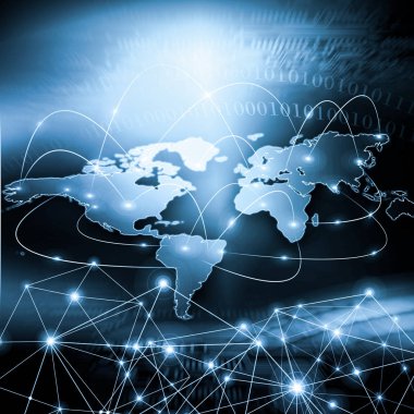 Dünya Haritası üzerinde teknolojik bir arka plan, parlak çizgiler semboller Internet, radyo, televizyon, telefon ve uydu iletişim.