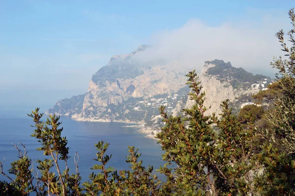 Rocky Coastline Island Capri Morning Mist — Stock Photo, Image