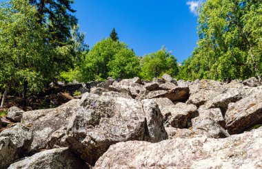 Taştan bir nehrin devasa kayaları ile yaz dağları manzarası.