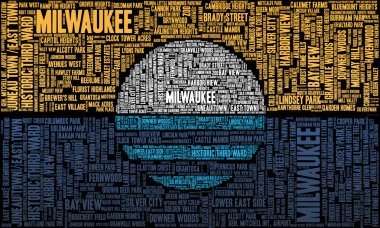 Milwaukee, Wisconsin, mahallelerde halk bayrağı şehrin şekli ile kelime bulutu.