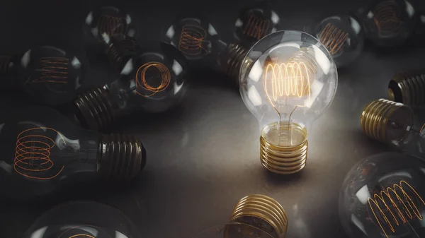 Tek 3d Resimli Akkor Ampul Yansıtıcı Yüzey üzerinde Birden Fazla Ampuller ile çevrili