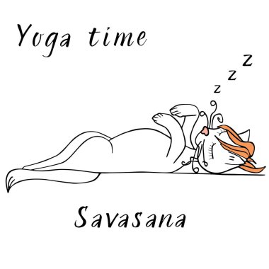 Kedi doodle yoga zamanı . Çizim.