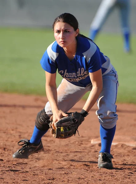 Girls High School Softball Game Action Being Played High School — Stock Photo, Image