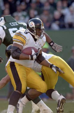 Jerome Bettis koşarak geri Pittsburgh Steelers normal sezon Nfl oyun sırasında oyun eylem için. Jerome Bettis otobüs takma, Pittsburgh Steelers için oynayan eski Nfl çalışan arka.