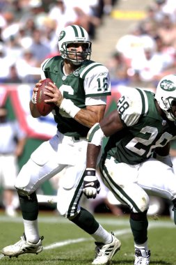 Vinny Testaverde oyun kurucu, New York Jets normal sezon Nfl oyun sırasında oyun eylem. Ulusal Futbol Ligi 21 sezon oynayan eski bir Nfl futbol quarterback Vinny Testaverde olduğunu.