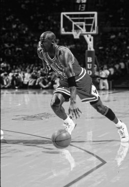 Normal bir oyun sırasında oyun eylem Chicago Bulls için oynayan Michael Jordan Hall of Fame oyuncusu o 15 sezon National Basketball Association Chicago Bulls için oynadı.