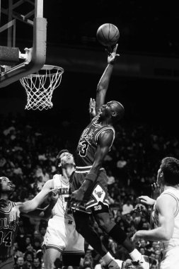 Normal bir oyun sırasında oyun eylem Chicago Bulls için oynayan Michael Jordan Hall of Fame oyuncusu o 15 sezon National Basketball Association Chicago Bulls için oynadı.