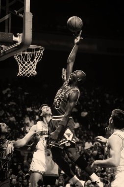 Normal bir oyun sırasında oyun eylem Chicago Bulls için oynayan Michael Jordan Hall of Fame oyuncusu o 15 sezon National Basketball Association Chicago Bulls için oynadı.