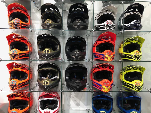 Motorcycle Helmets All Colors Shapes Display Motorcycle Dealership Motorcycle Riders — Stock Photo, Image