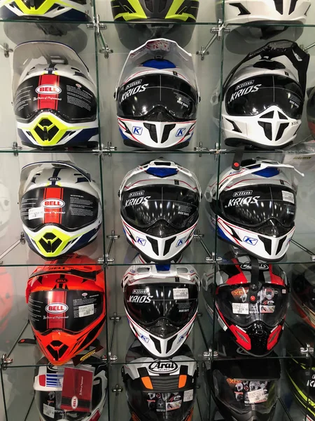 Motorcycle Helmets All Colors Shapes Display Motorcycle Dealership Motorcycle Riders — Stock Photo, Image
