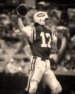 Joe Namath Quarterback New York New York Shea Stadyumu'nda oyun eylem bir normal sezon içinde için. Joe Namath yol onların tek Super Bowl kazanmak 1969 yılında New York.