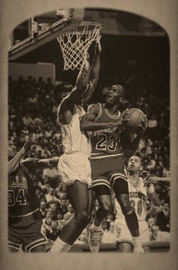 Düzenli bir Nba oyununda oyun eylem Chicago Bulls Michael Jordan Hall Of Fame oyuncu. Michael Jordan eski profesyonel basketbol oyuncusudur. O 15 sezon çekilmeden önce ulusal basketbol liginde oynadı.