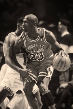 Düzenli bir Nba oyununda oyun eylem Chicago Bulls Michael Jordan Hall Of Fame oyuncu. Michael Jordan eski profesyonel basketbol oyuncusudur. O 15 sezon çekilmeden önce ulusal basketbol liginde oynadı.