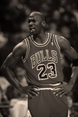 Düzenli bir Nba oyununda oyun eylem Chicago Bulls Michael Jordan Hall Of Fame oyuncu. Michael Jordan eski profesyonel basketbol oyuncusudur. O 15 sezon çekilmeden önce ulusal basketbol liginde oynadı.