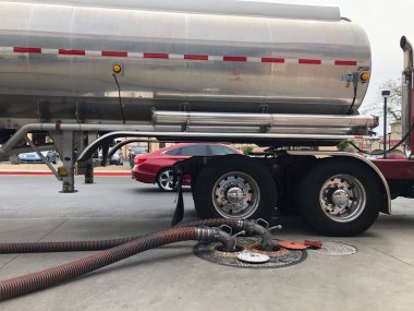 Yakıt teslim Tanker bir benzin istasyonu için. Benzin, gaz veya benzin öncelikle kıvılcım Ignited içten yanmalı motorları yakıt olarak kullanılan renksiz bir petrol türevi yanıcı sıvı olduğunu.