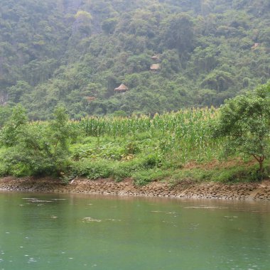 doğa, su, nehir yeşil ağaçlar, dağlar, orta Vietnam phong nha mağaranın girişinde peyzaj
