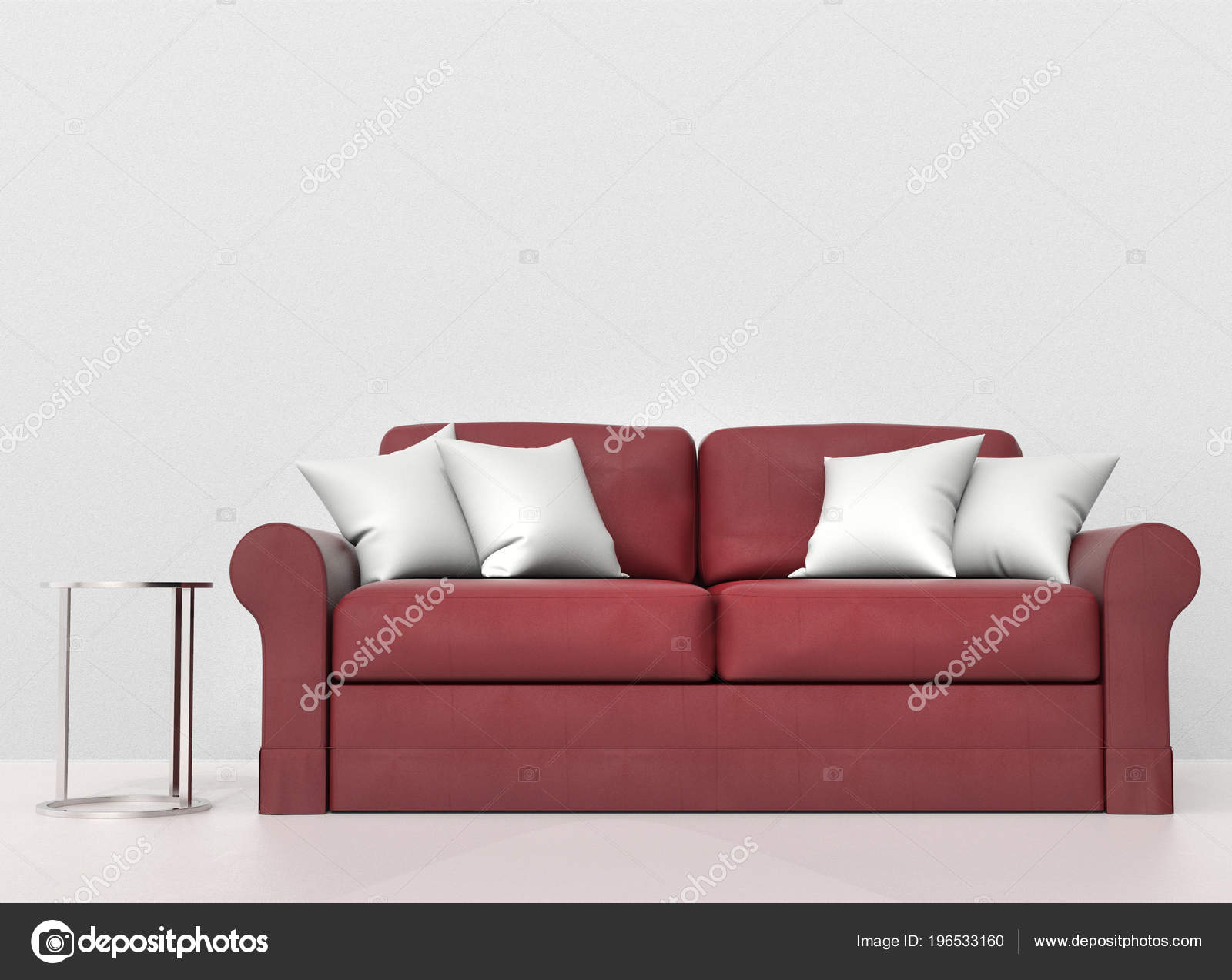 Red Leather Sofa White Pillows Metal End Table Side Stock Photo by