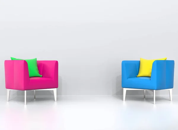 Roze Blauwe Fauteuils Met Groene Gele Kussens Woonkamer — Stockfoto