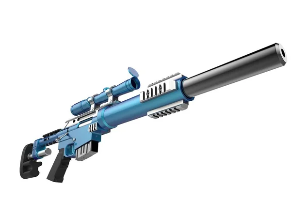 Metalik Gök Mavisi Modern Sniper Tüfeği Düşük Açısı Shot — Stok fotoğraf
