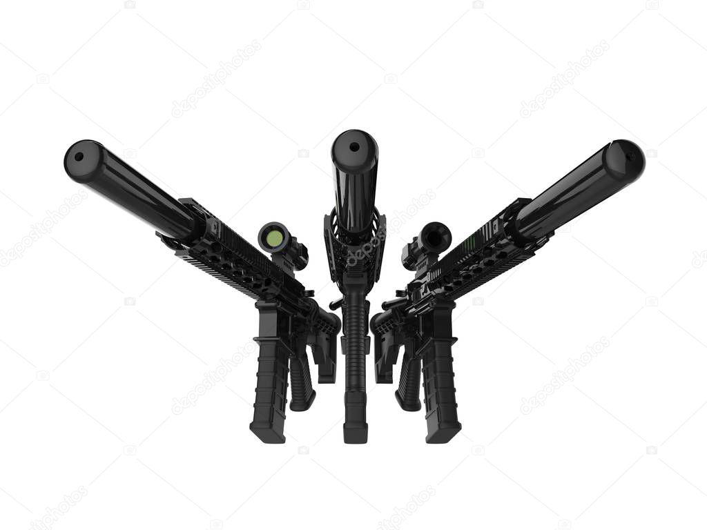 Three modern assault rifles with silencers