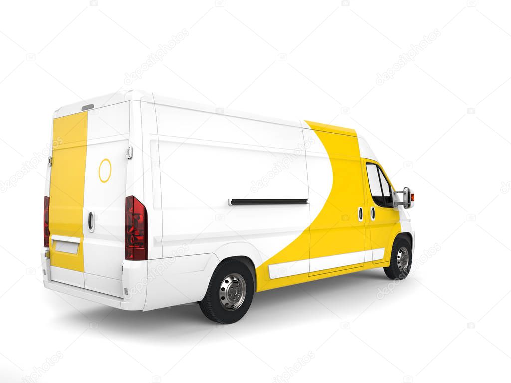 Big white and yellow delivery van - tail view