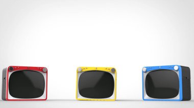 Kırmızı, mavi ve sarı cepheler ile siyah retro Tv setleri