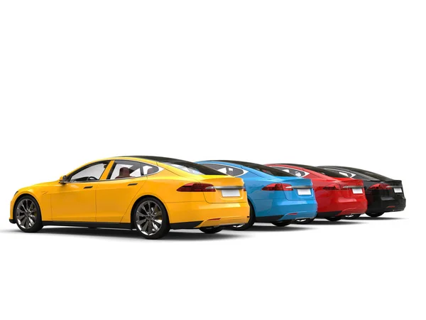 Auto Sportive Elettriche Moderne Blu Rosso Giallo Nero Vista Posteriore — Foto Stock