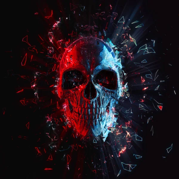 Kırmızı Mavi Neon Çokgen Parlayan Kafatası — Stok fotoğraf