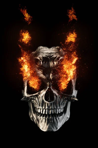 Fekete Fém Démon Koponya Szemében Tűz — Stock Fotó