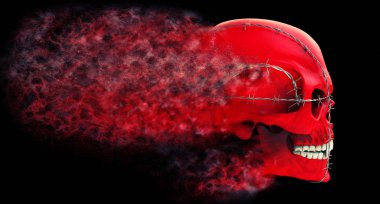 Red demon skull bound with barb wire disintegrating into dust - side view clipart