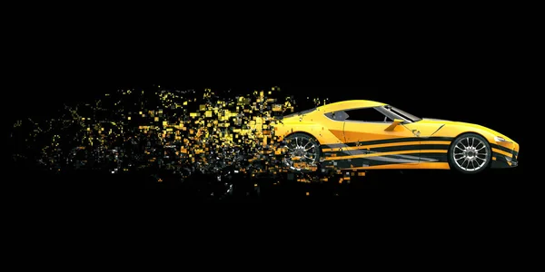 Carro Conceito Corrida Amarela Com Decalque Preto Legal Dissolvendo Pixels — Fotografia de Stock