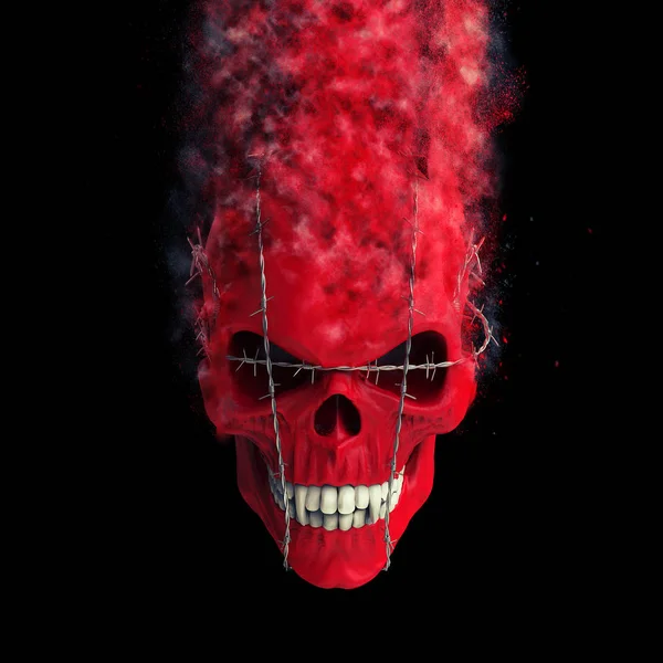 Red demon skull bound with barb wire disintegrating into dust