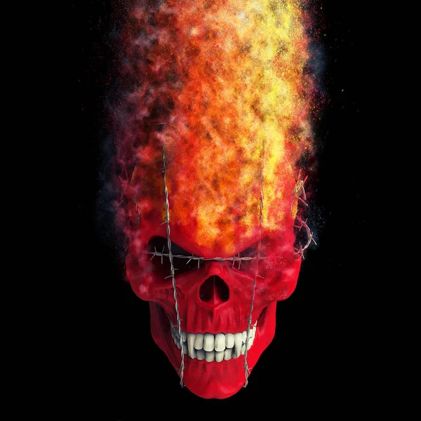 Red Demon Skull Bound Barb Wire Disintegrating Dust Flames — Stock Photo, Image