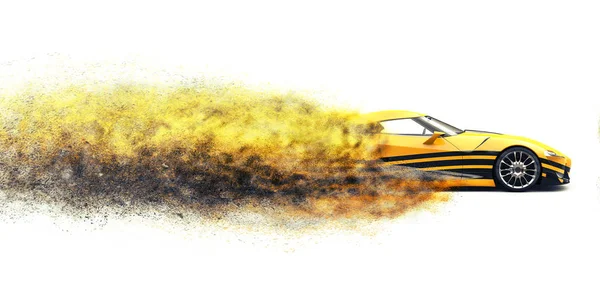 Supercarro Moderno Amarelo Com Decalque Preto Desintegrando Nuvem Partículas — Fotografia de Stock