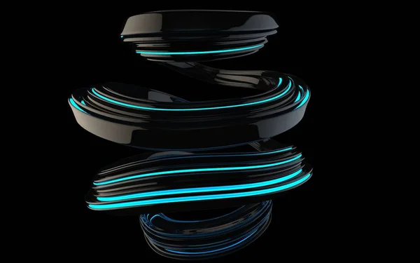 Forma Espiral Abstracta Negra Brillante Con Rayas Brillantes Azules — Foto de Stock