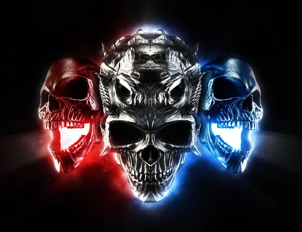 Screaming demon skulls - red, blue and metal - 3D Illustration