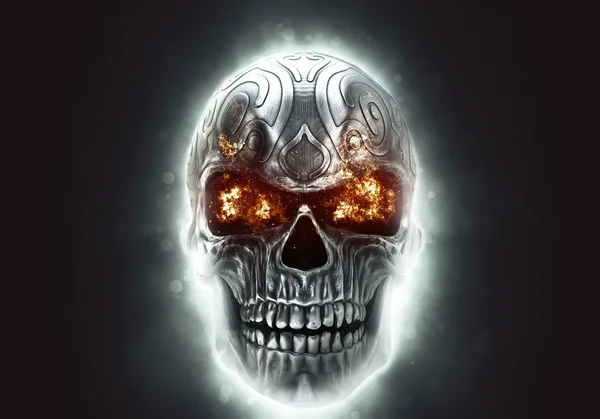 目を明るく燃え輝く怒っている金属鬼スカル — ストック写真