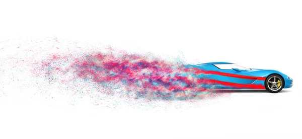 红色条纹的蓝色超级汽车瓦解成尘土 — 图库照片