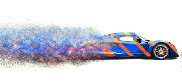 Dark Blue Sports Supercar Orange Stripes Particle Disintegration Effect — Stock Photo, Image