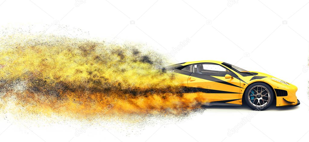 Bright yellow fast super car - particle explosion effect