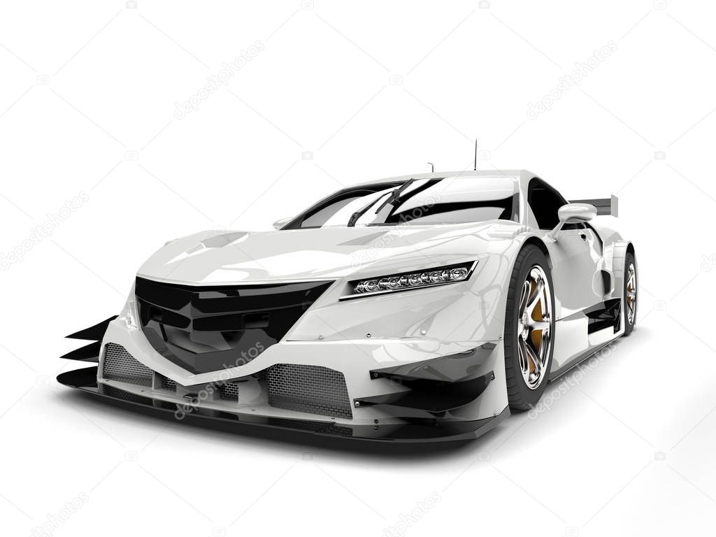 Cool white modern race super car - front closeup shot