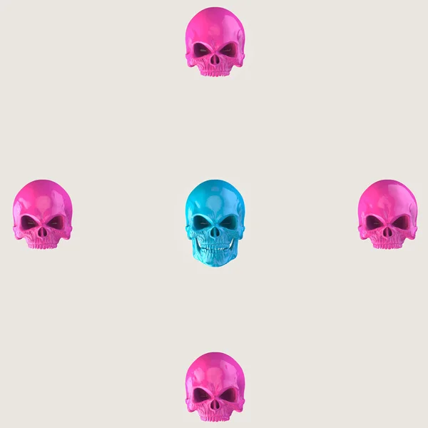 Blue and pink skulls on bright beige background