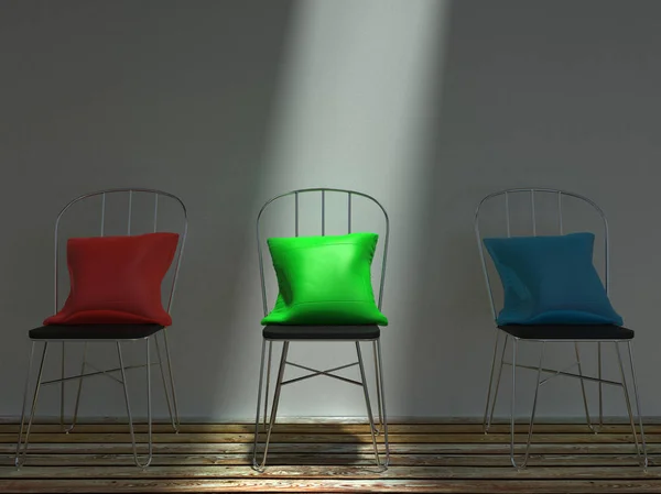 Almofadas Vermelhas Verdes Azuis Cadeiras Metal — Fotografia de Stock