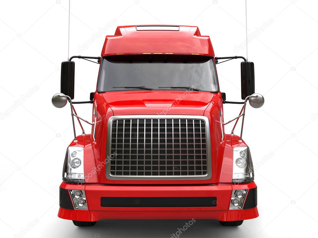 Big red modern semi - trailer truck - front view