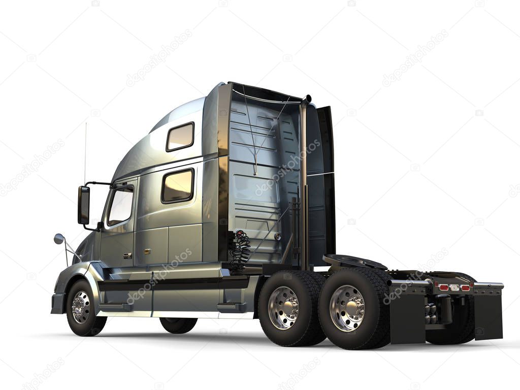 Metallic slate gray modern big semi trailer truck - side view