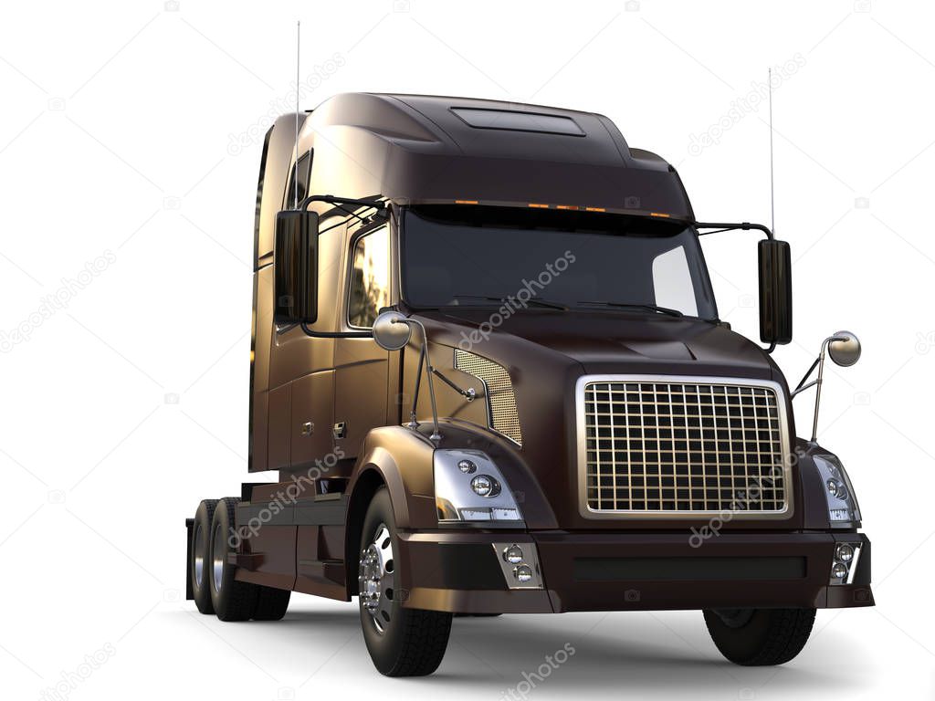 Metallic dark brown modern big semi trailer truck - closeup shot