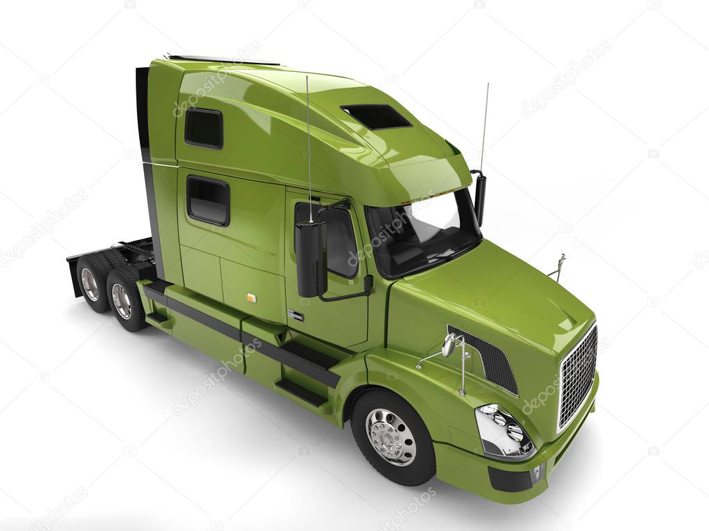 Bright green modern semi trailer truck - top down view