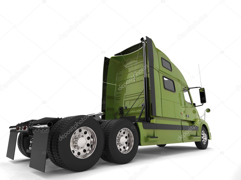 Bright green modern semi trailer truck - back view