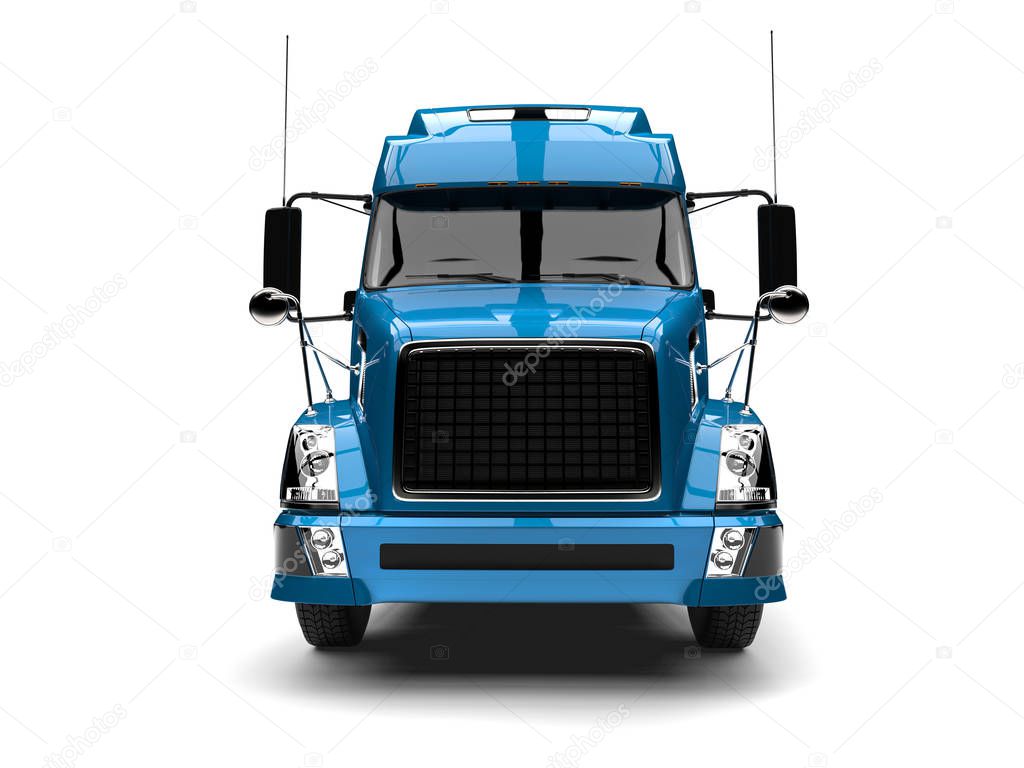 Blue modern semi trailer truck - front view